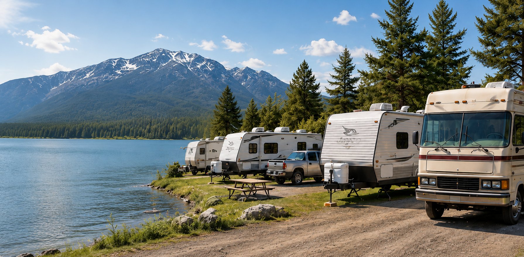 RV park with mountains and lake